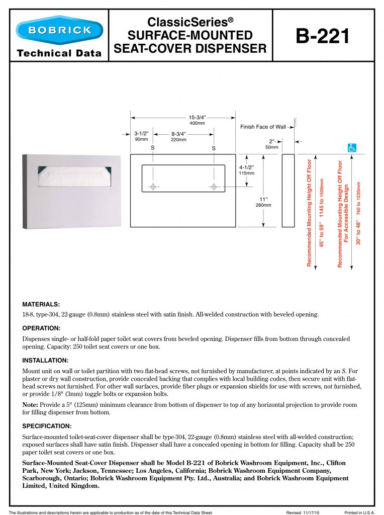 Bobrick SurfaceMounted Toilet Seat Cover Dispenser B221